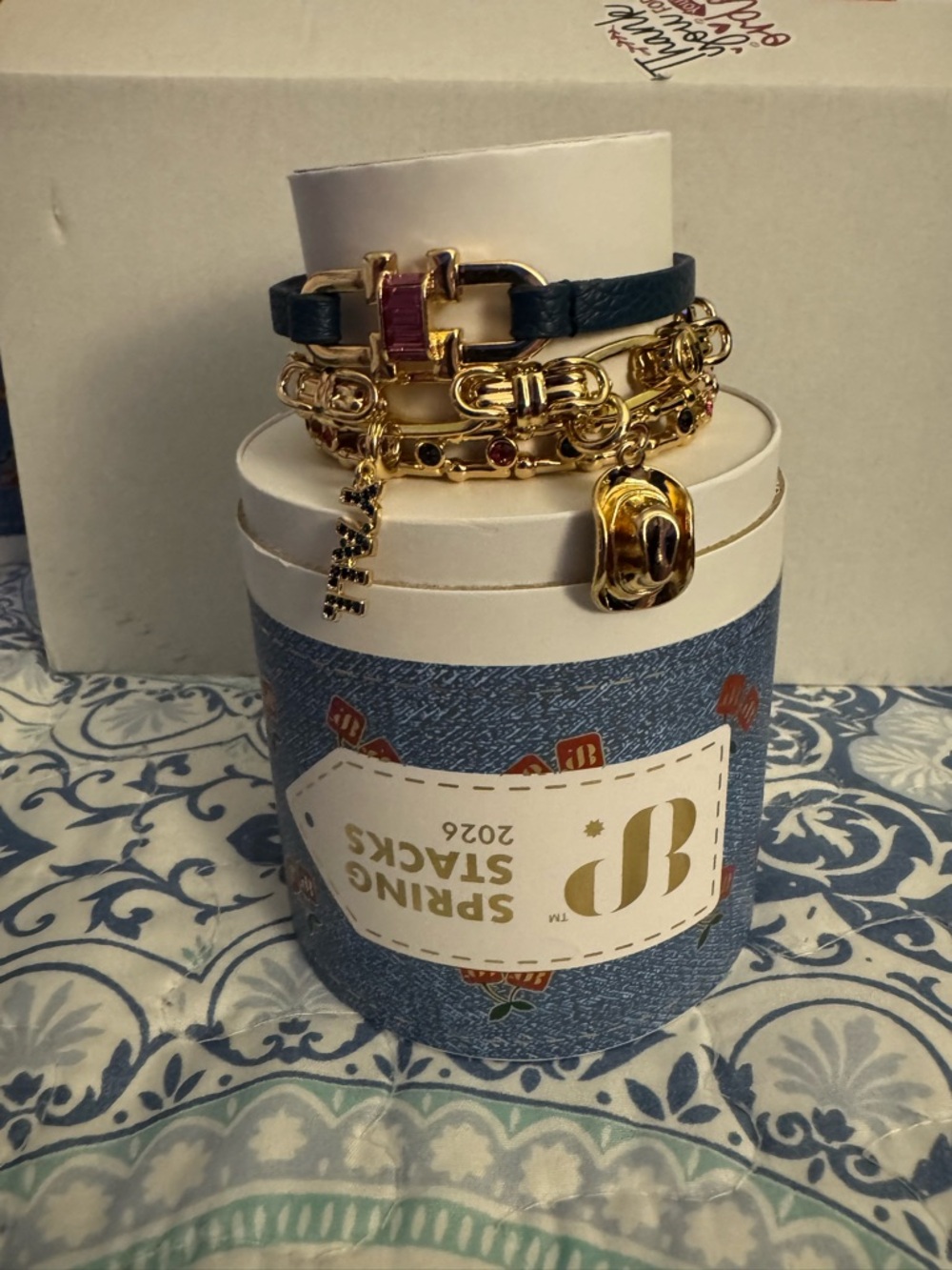 Gold Charm Bracelet Stack with Navy Leather Strap